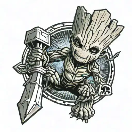 Baby groot holding the mjolnir tattoo design idea