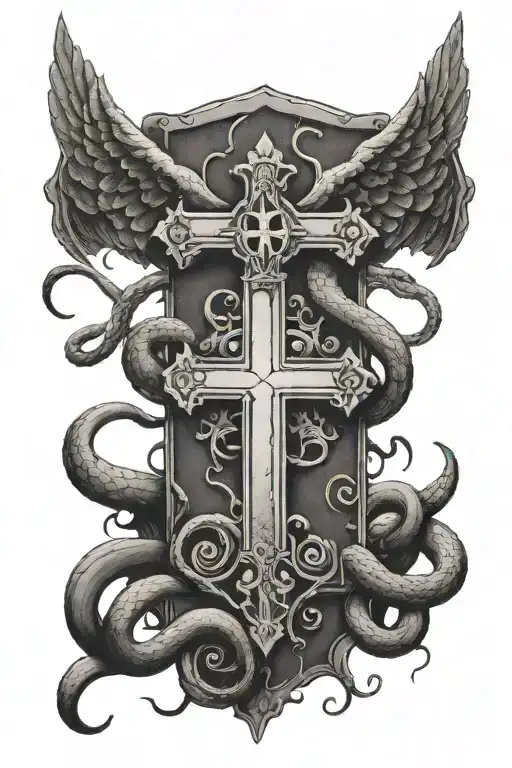 cross with a snake wrapped and smell wings from behind the cross. below the cross a tombstone south the name Diaz 1980- tattoo design idea