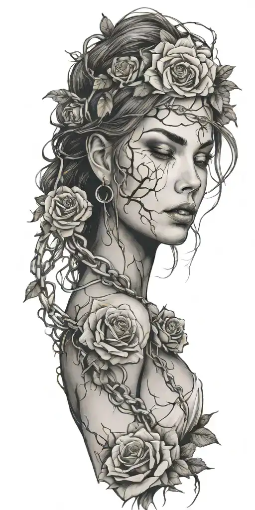girl face, broken chains, tree roots, roses tattoo design idea