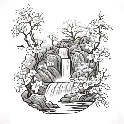 waterfall, cherry blossom, aquarium  tattoo design idea