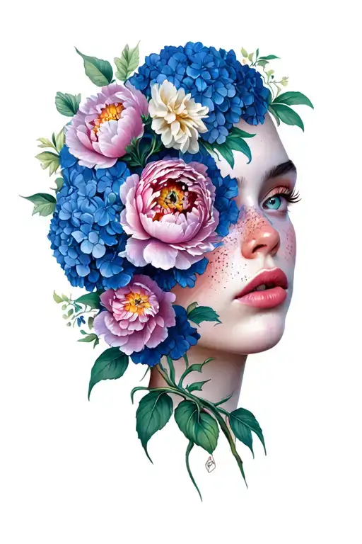 freckles, peonies, hydrangeas, eye open tattoo design idea