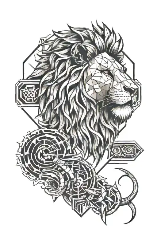 A geometric design incorporating elements of a lion, snake, and Zeus' lightning bolt, symbolizing balance and harmony tattoo design idea