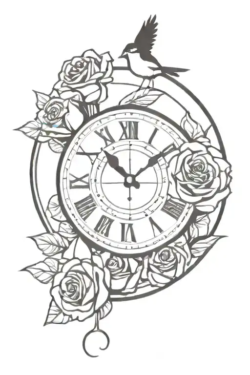 rose, clock, and bird tattoo design idea