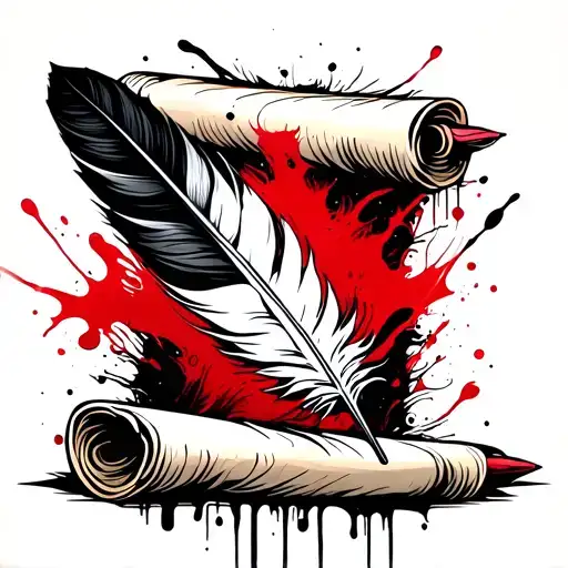 feather quill pen writing on a scroll tattoo design idea