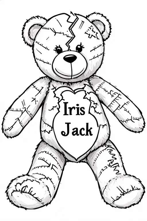 "Iris Jack" a teddy bear badly damaged with stitches with a broken heart thats been mended and repaired and my daughters name  tattoo design idea