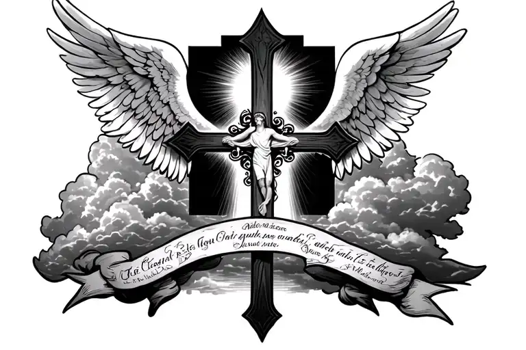 Christian Cross in the middle with angel wings and scripture along with the creation of adam and along with clouda tattoo design idea