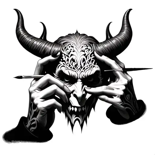 hands crafting devil face made entirely of intricate tattoo design idea