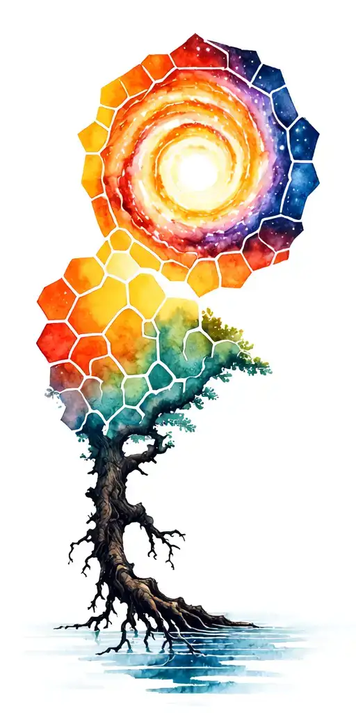 Irish tree of life with roots into a lake.  Large gashes created by hexagons revealing a spiral arm galaxy being pulled tattoo design idea