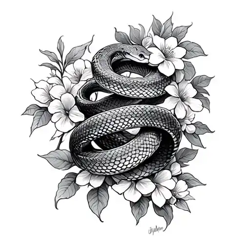 Snake wrapped around tree with flowers  tattoo design idea