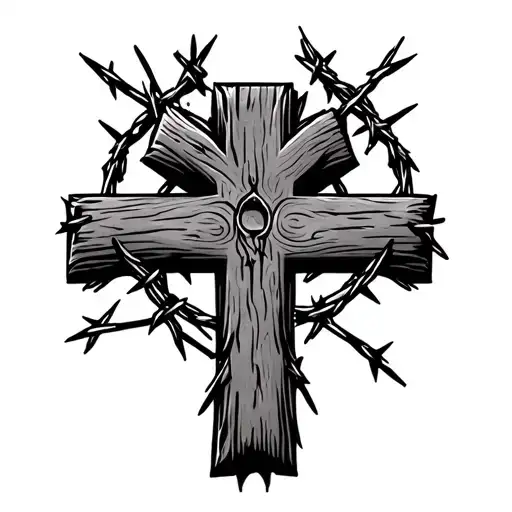 wooden cross with barbed wire tattoo design idea