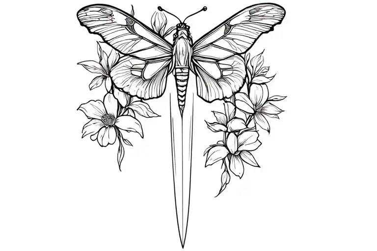 moth dagger surrounded by flowers growing tattoo design idea