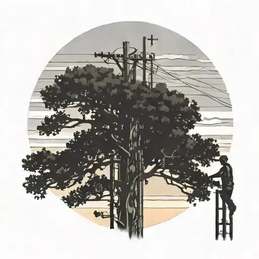 lineman working near top of the pole in rural area with multiile oaks trees around with a sunset amd a few clouds  tattoo design idea