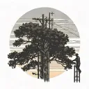 lineman working near top of the pole in rural area with multiile oaks trees around with a sunset amd a few clouds  tattoo design idea
