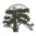 lineman working near top of the pole in rural area with multiile oaks trees around with a sunset amd a few clouds  tattoo design idea