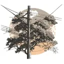 lineman working near top of the pole in rural area with multiile oaks trees around with a sunset amd a few clouds  tattoo design idea