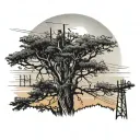 lineman working near top of the pole in rural area with multiile oaks trees around with a sunset amd a few clouds  tattoo design idea