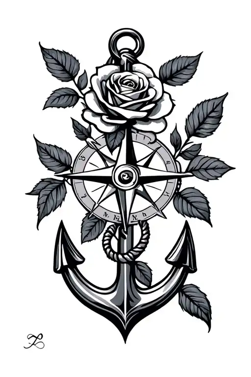 compass navy anchor intertwined with a rose growing tattoo design idea