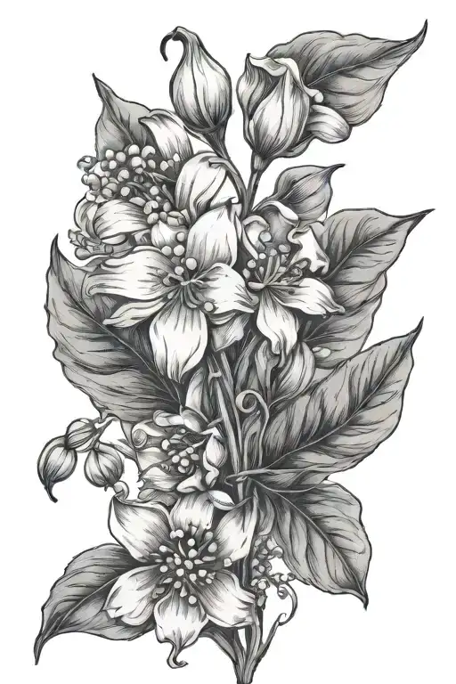 Fine line botanical wrap tattoo, lily of the valley, daisy, poppy, black ink, feminine, hand tattoo, flora tattoo design idea