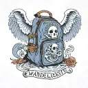 ghost with backpack on its back with wanderlust written next to it tattoo design idea
