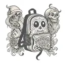 ghost with backpack on its back with wanderlust written next to it tattoo design idea