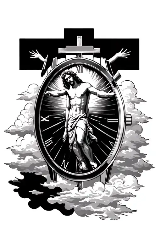 sun and clouds surrounding, Half Jesus on a cross, a watch face time showing 13:36 all seperate tattoo design idea