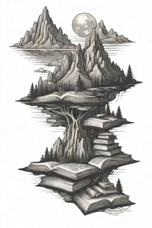 mountains and books in gustav dore style tattoo design idea