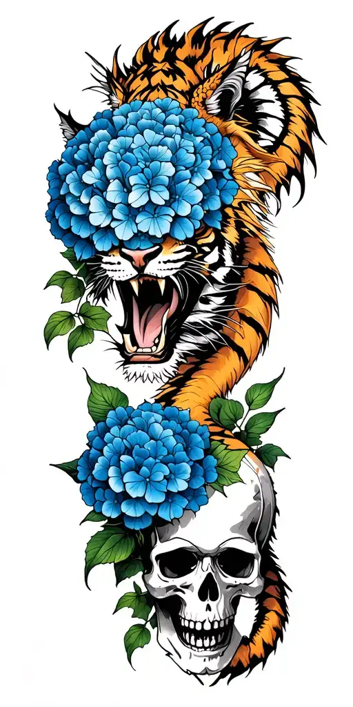 Blue hydrangea, tiger, dragon and skull. I want an original style tattoo tattoo design idea