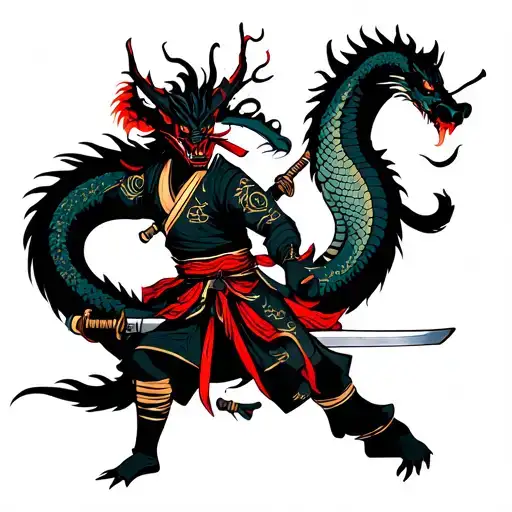 Samurai wearing a demon oni mask is fighting with a sword against a giant serpentine Japanese style dragon tattoo design idea