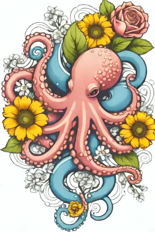 octopus, white flower  snowdrop, rose,  marigold flower tattoo design idea