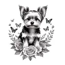 A sketch style tattoo of a yorkie dog sitting on a mountain peak surrounded by roses and butterflies tattoo design idea