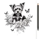 A sketch style tattoo of a yorkie dog sitting on a mountain peak surrounded by roses and butterflies tattoo design idea