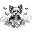A sketch style tattoo of a yorkie dog sitting on a mountain peak surrounded by roses and butterflies tattoo design idea