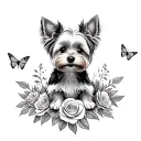 A sketch style tattoo of a yorkie dog sitting on a mountain peak surrounded by roses and butterflies tattoo design idea