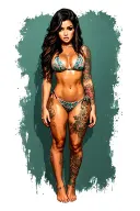 Sexy girl, petite, small boobs, wide hips, bikini . long hair,sexual. Seductive. Full Body, standing with legs and feet tattoo design idea