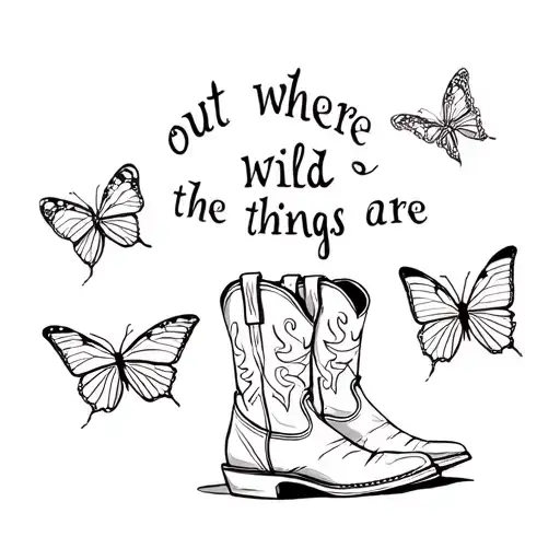 Cowboy boots and hat, with wording saying "out where the wild things are" surrounded by butterflies tattoo design idea