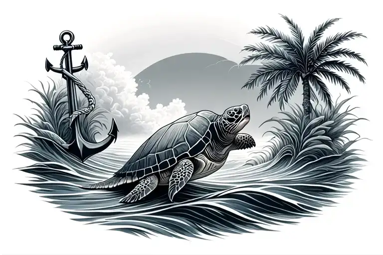 sea oats sea turtle waves palm tree anchor tattoo design idea