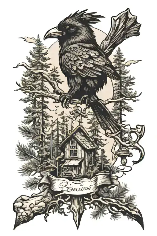 nordic axe pine forest and raven flying tattoo design idea