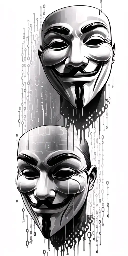 3 anonymous masks one closed eyes and one no hear and one no see, and some binary codes and hacking tools tattoo design idea