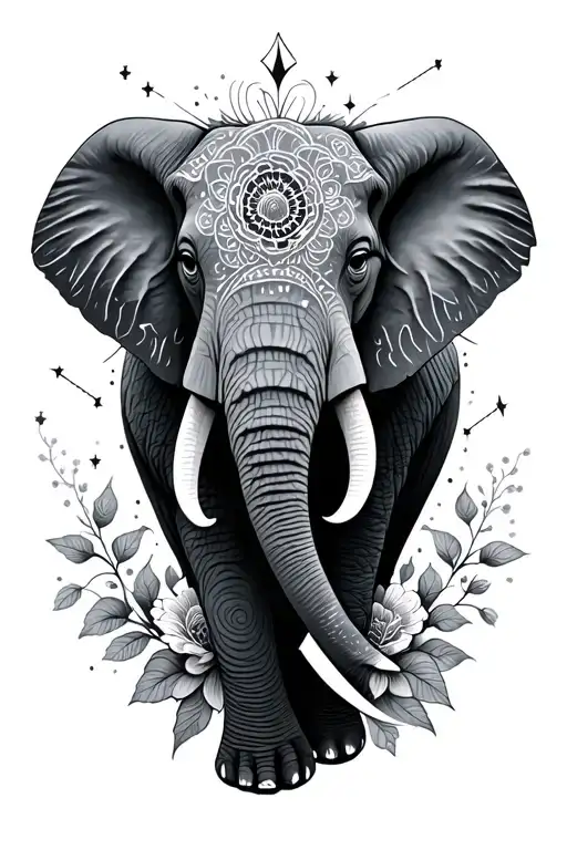 Floral geometric elephant with constellation tattoo design idea