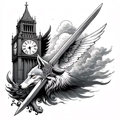 Arm sleeve tattoo with clock tower, wolf, sword, angle wing and cloud tattoo design idea