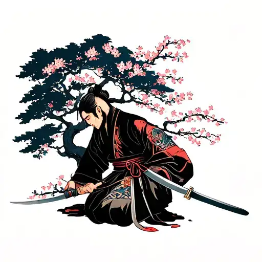 Defeated samurai, head bowed, kneeling in front of cherry blossom tree, sword in front piercing the ground tattoo design idea