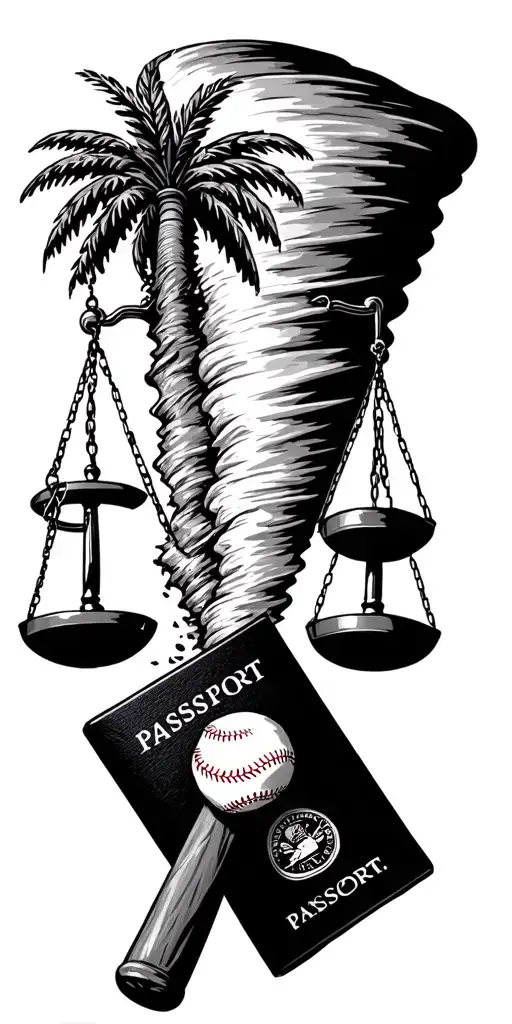 tornado sucking up scales of justice, baseball bat, baseball, passport, dumbbell, and palm tree. tattoo design idea