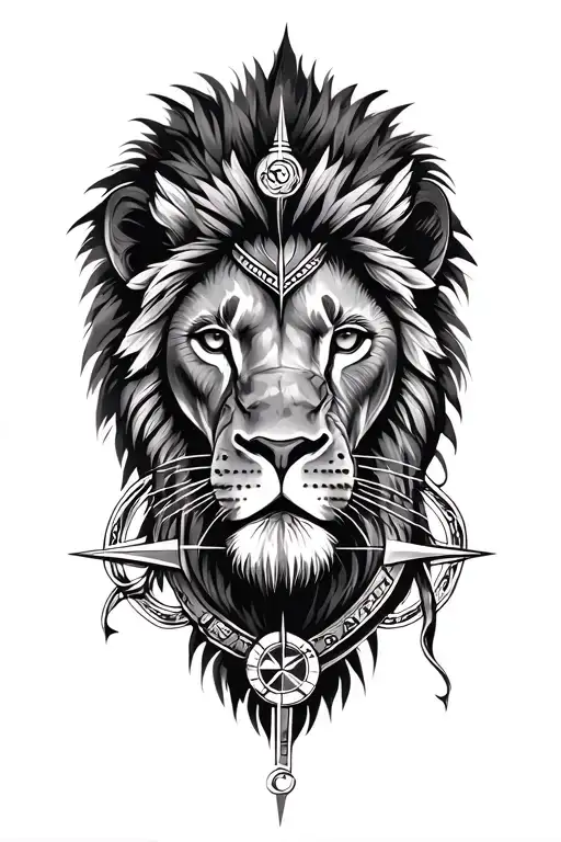 lion and African Warrior and compass surrounded tattoo design idea