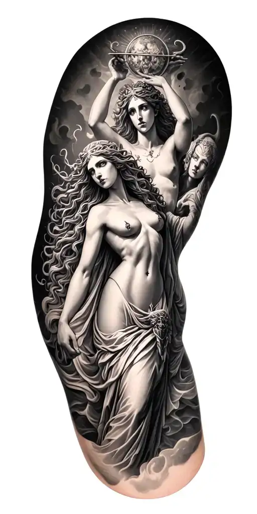 hecate triple goddess lower arm, Medusa middle arm and Atlas holding the realms up on upper arm  tattoo design idea