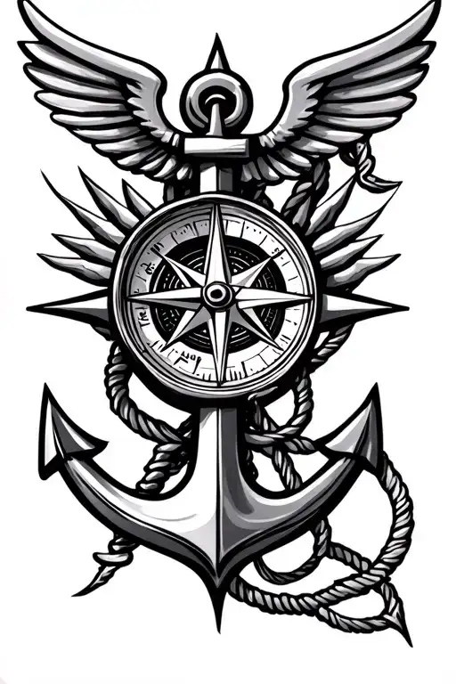 compass with anchor and spartan warrior tattoo design idea