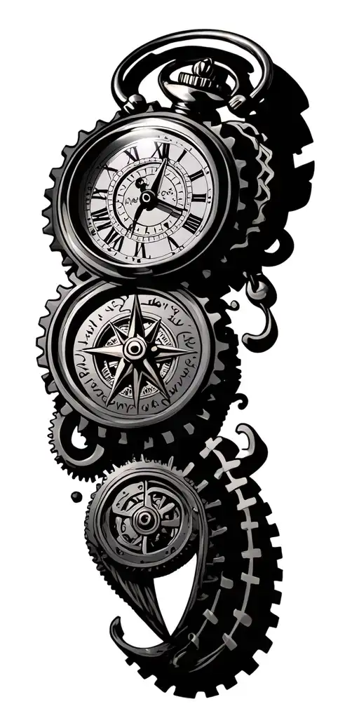 pocket watch with gears and compass rose tattoo design idea