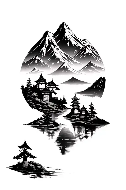 a mountain in the background, a tori and a river in the middle tattoo design idea