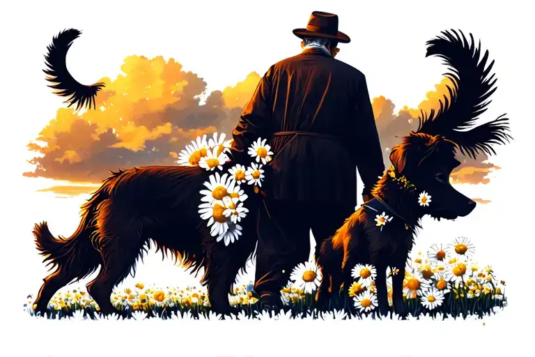 old man walking with dog in daisy field durning sunset tattoo design idea