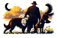 old man walking with dog in daisy field durning sunset tattoo design idea