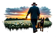 old man walking with dog in daisy field durning sunset tattoo design idea